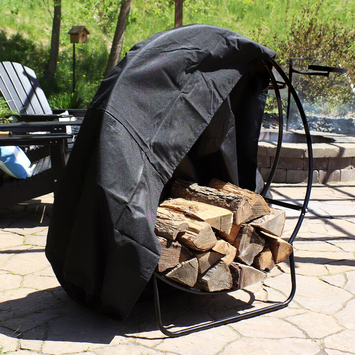 Sunnydaze 40 in Powder-Coated Steel Firewood Log Hoop Rack with Black Cover