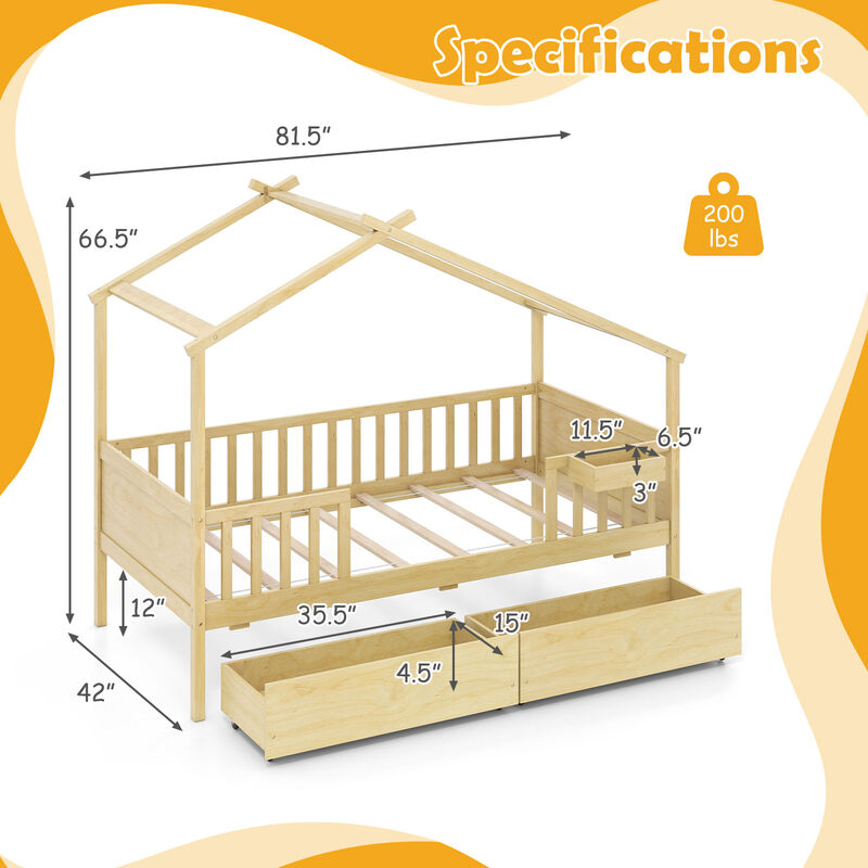 Twin Size House Bed with Roof, Fence Rails and 2 Storage Drawers image number 2