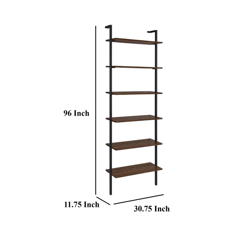 Wens Wall Mounted Bookcase Unit, 6 Open Shelves, Black Metal, Brown