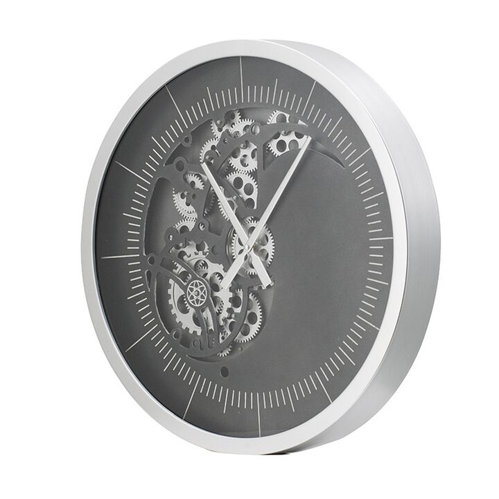 Reny 23 Inch Wall Clock, Decorative Gear Design, Round, Silver, Black Iron - Benzara