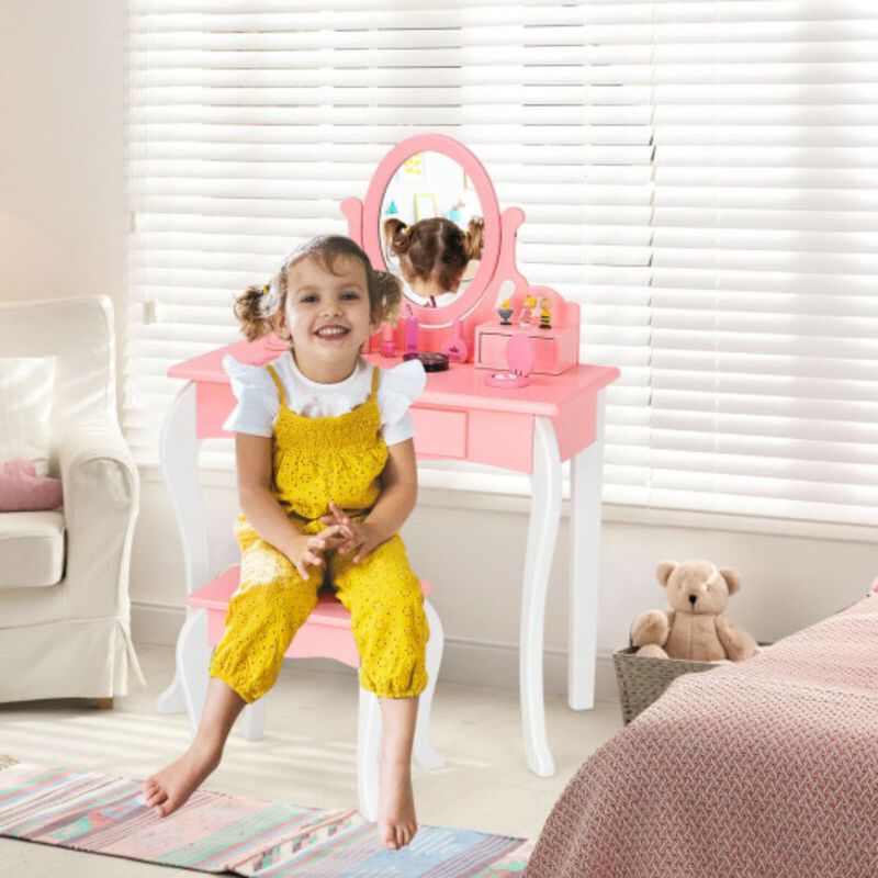Kids Vanity Princess Makeup Dressing Table Stool Set with Mirror and Drawer-Pink image number 2