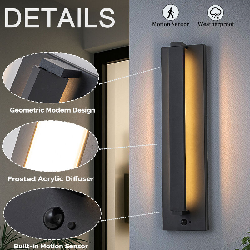 H20" Modern Motion Sensor Outdoor Wall Light 23W Integrated LED Wall Sconce in Matte Black Iron Large Exterior Light Fixture for Porch Garage Patio image number 4