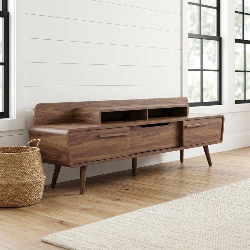Brown wood TV stand with spacious surface and sturdy design image number 3