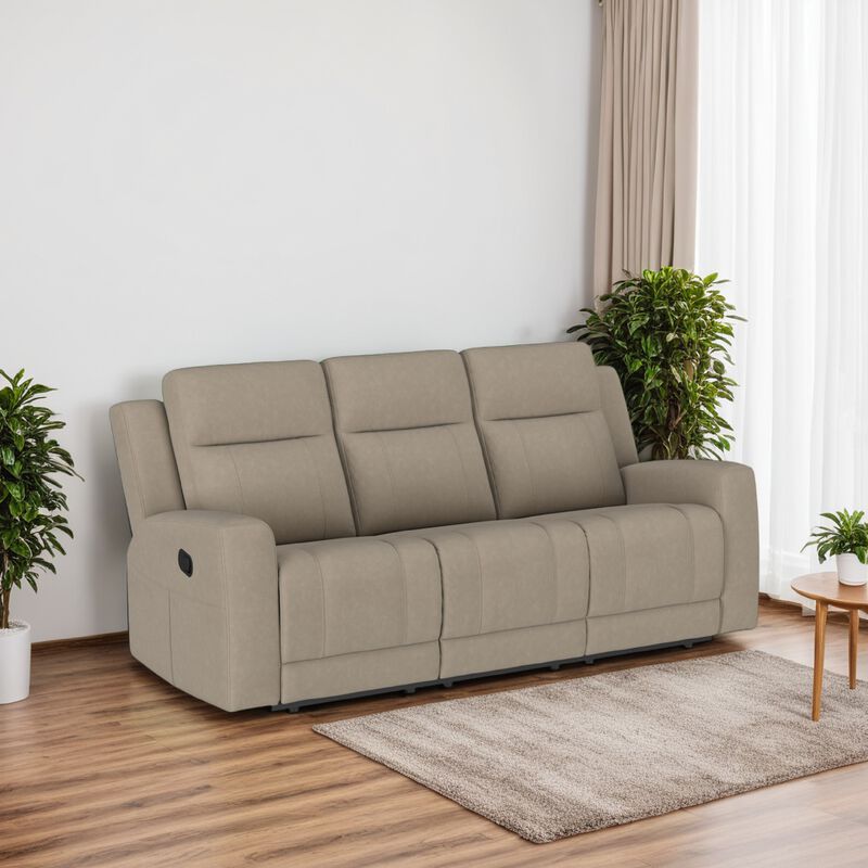 Krio Manual Recliner Sofa, 80 Inch Modern Taupe Brown Faux Leather - Benzara