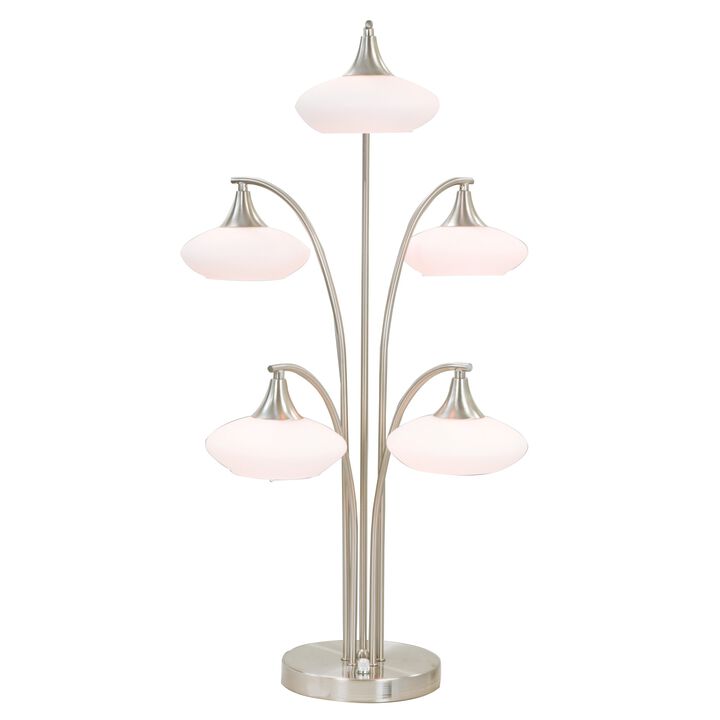 31 Inch Table Lamp, 5 Dome Shape Shades, Glass, Sand Chrome Finished Metal-Benzara