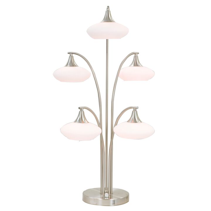 31 Inch Table Lamp, 5 Dome Shape Shades, Glass, Sand Chrome Finished Metal - Benzara