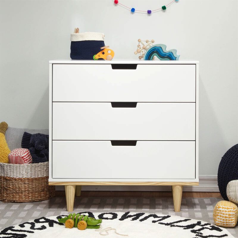 Hivvago Modern Mid-Century Style 3-Drawer Dresser Chest in White Natural Wood Finish
