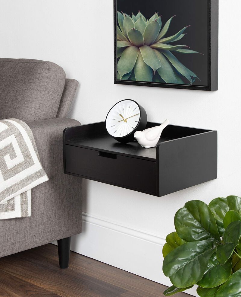 Kate and Laurel Kitt Modern Floating Wall Shelf Side Table with Drawer, 18"" x 12"" x 6.5"", Black