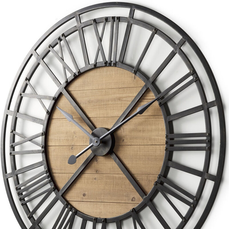 HomeRoots 42" Black And Natural Iron And Wood Analog Round Wall Clock image number 2