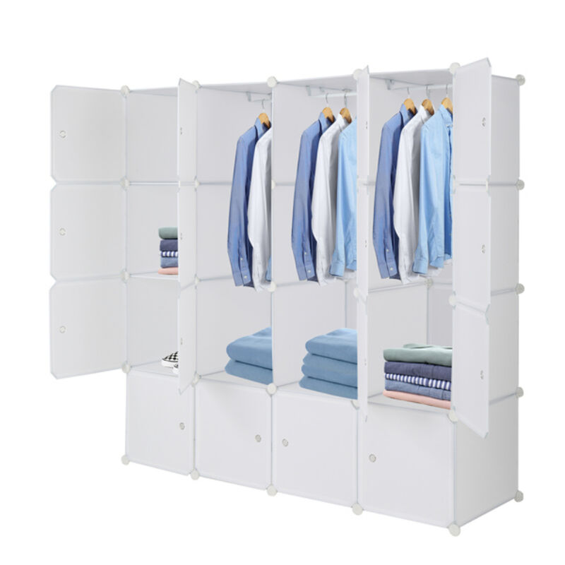 16-Cube Modular Wardrobe, 4-Layer Plastic & Steel Storage Organizer with 3 Hanging Rods image number 3