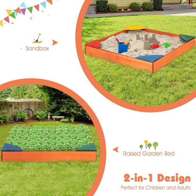 Kids Outdoor Wooden Backyard Sandbox with Built-in Corner Seating for Play