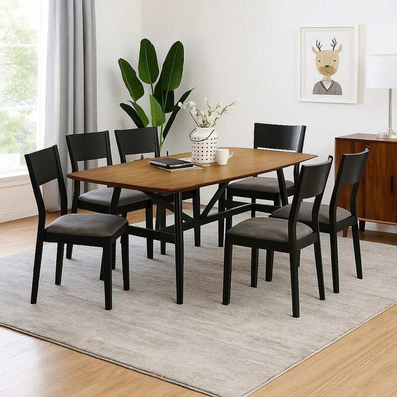 Riera 7pc Dining Table Set with Planked Top, 6 Faux Leather Chairs image number 1