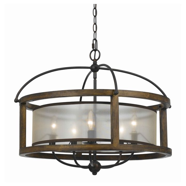 5 Bulb Round Chandelier with Wooden Frame and Organza Striped Shade, Brown-Benzara