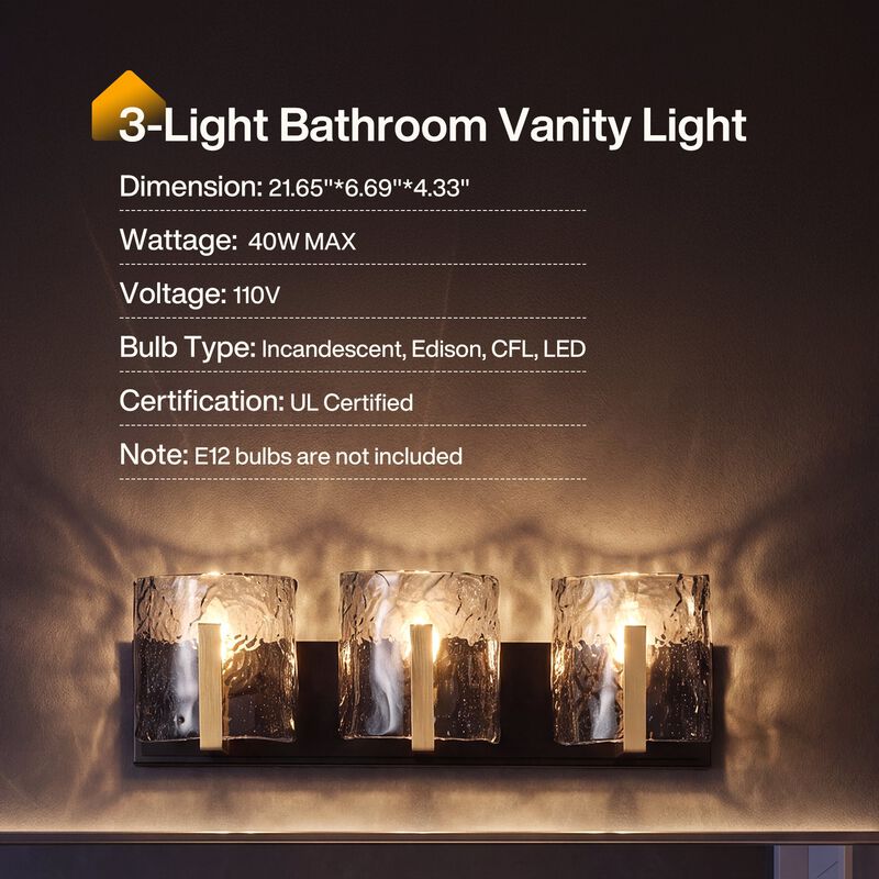 Brass Bathroom Vanity Light, Three-Light Smoky Gray Ripple Glass image number 7