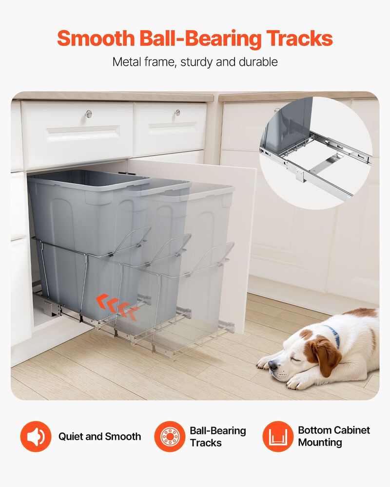Pull-Out 35QT Waste basket – Under Sink Cabinet Garbage & Recycling with Metal Sliding Rails