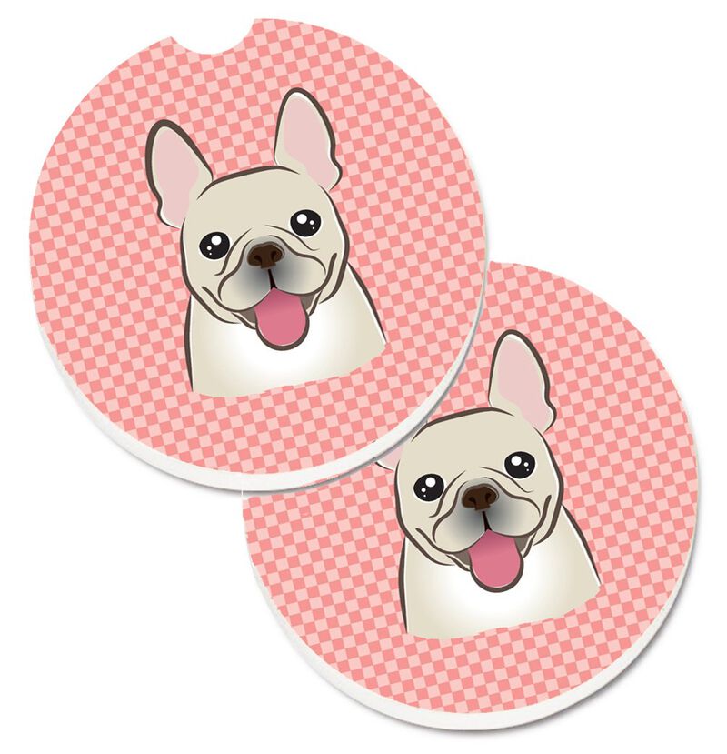 Caroline's Treasures Checkerboard Pink French Bulldog Set of 2 Cup Holder Car Coasters BB1238CARC, 2.56, Multicolor