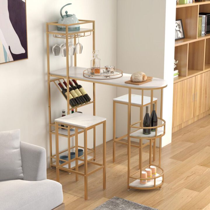 Hivvago 3 Pieces Bar Table Set with Storage Shelves and Wine Rack-Golden
