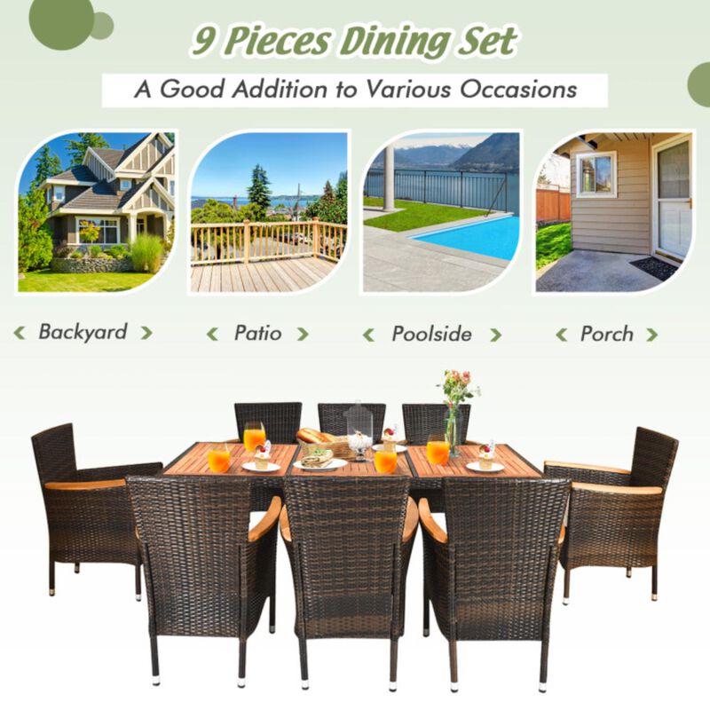 Hivvago 9 Pieces Rattan Dining Set with Acacia Wood Table and Stackable Cushioned Chairs