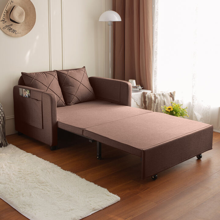 Modern Love Seat Futon Sofa Bed with Headboard, Linen Love seat Couch, PUll Out Sofa Bed With 2 Pillows 2 Sides Pockets for Any Small Spaces