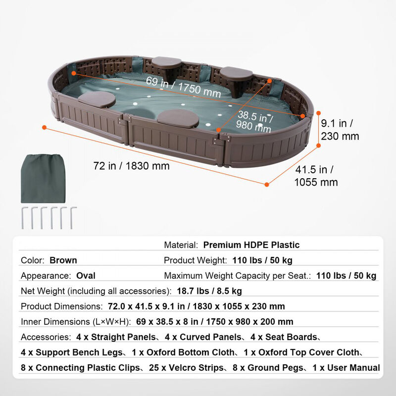 Kids Sandbox with Cover, Oval Sand Pit with 4 Corner Seats for Outdoor Play image number 2
