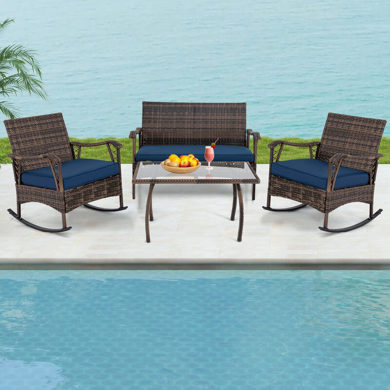 4-Piece Wicker Rocking Set with Bungee Rope Seat – Comfortable Outdoor Chairs for Porch or Yard