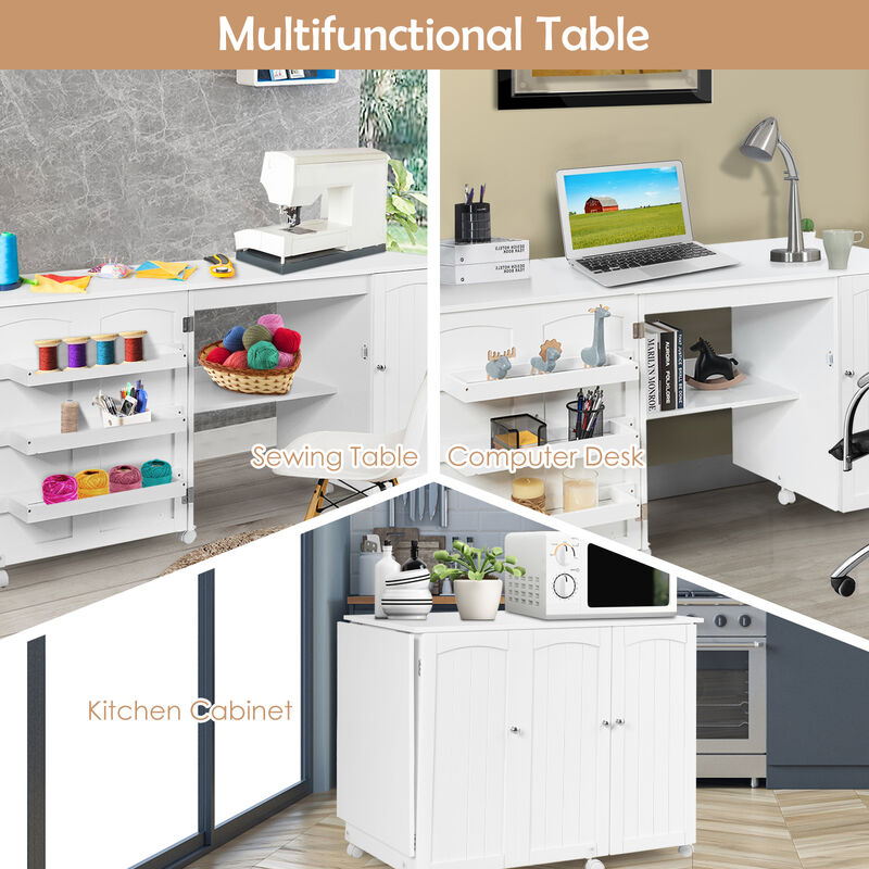 Folding Sewing Table Shelves Storage Cabinet Craft Cart with Wheels image number 5