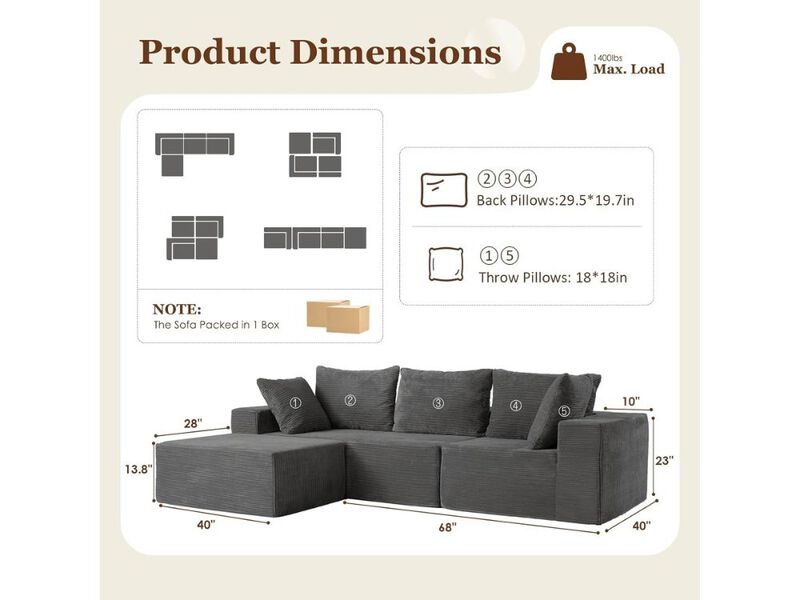Sectional Sofa &ndash; 108" Dark Grey Cloud Modular Couch with Chaise, Memory Foam & Ottoman image number 2