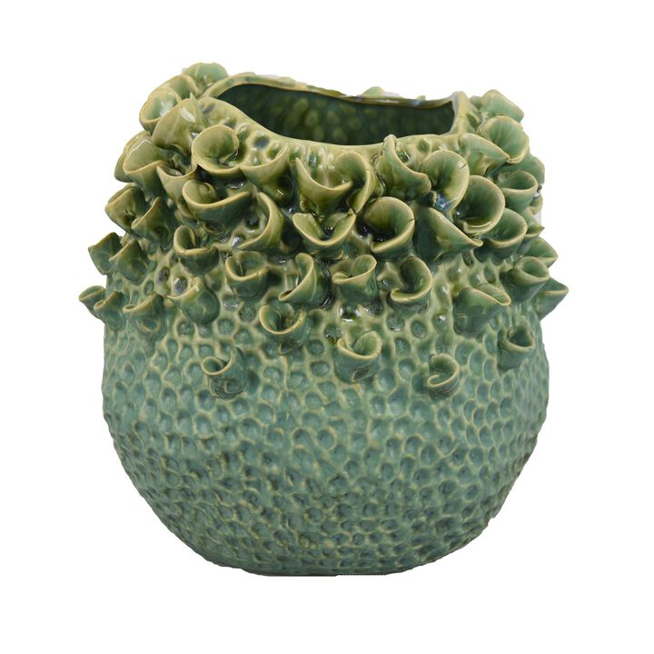 Nina Vase, Green Ceramic, Textured Accents, Abstract Floral 11 Inch - Benzara