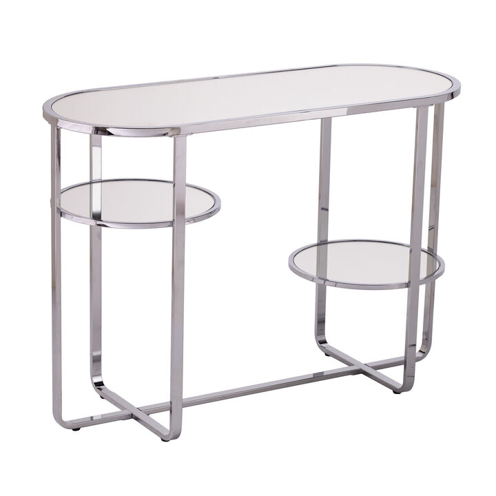 HomeRoots 42" Silver Mirrored Glass and Iron Oval Cross Leg Console Table With Two Shelves