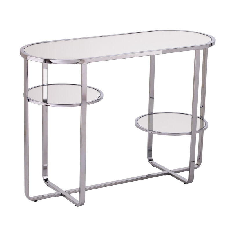 HomeRoots 42" Silver Mirrored Glass and Iron Oval Cross Leg Console Table With Two Shelves image number 0