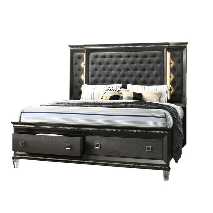 Best Quality Furniture Panel Bed with Tufted Buttons and  Backlit Backboard with 2 Footboard Drawers and Jewel Strip on Footboard and Headboard