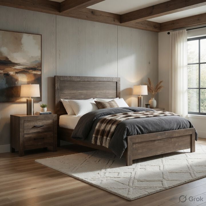 King Size Bedroom Set, Brown Finish, Panel Design, 3-Piece Set with Bed and Two Nightstands