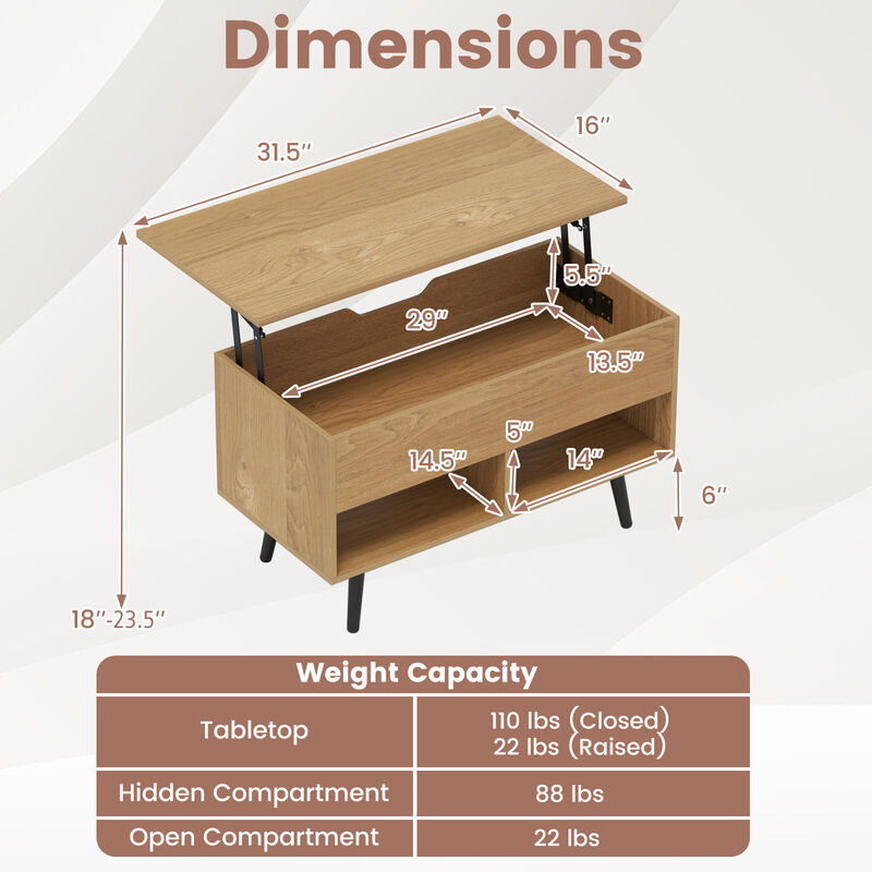 31.5" Modern Coffee Table with Lift-Top Storage and 2 Shelves image number 2