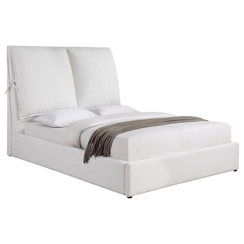 Dole Queen Size Platform Bed, Pillow Headboard, White Fabric Upholstey - Benzara