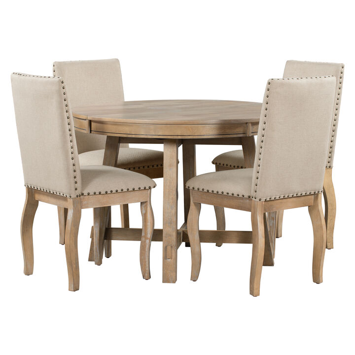 Merax 5-Piece Farmhouse Dining Table Set Wood Round Extendable Dining Table and 4 Upholstered Dining Chairs