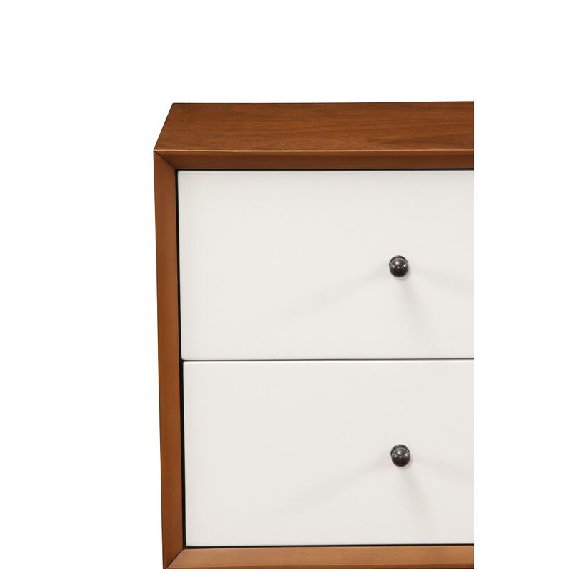 Stylish Wooden Nightstand With Two Drawers and Flared Legs, Brown and White-Benzara