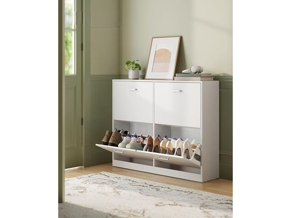 Entryway Shoe Storage Cabinet Flip Drawer Adjustable Shelves White