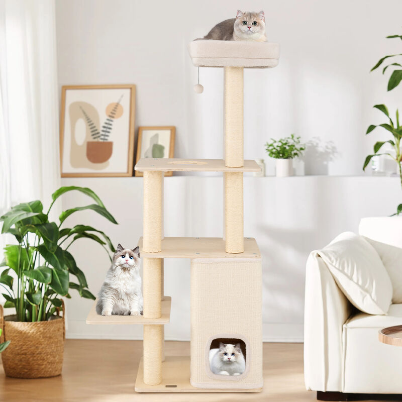 Wooden Cat Tree Tall Tower with 2 Story Condo and Plush Padded Top Perch-Natural image number 6