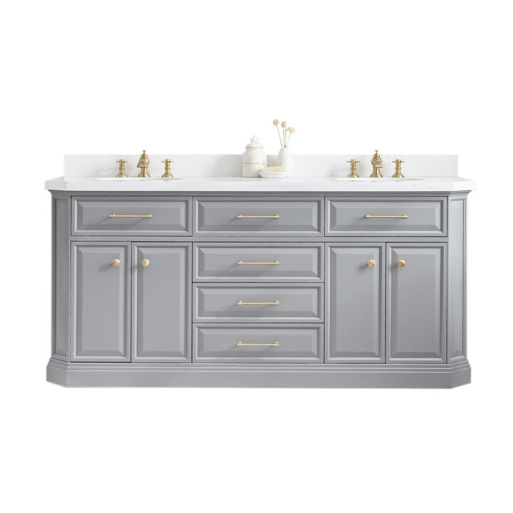 Palace 72 In. Double Sink Carrara Quartz Countertop Bath Vanity in Cashmere Grey with Satin Gold Hardware
