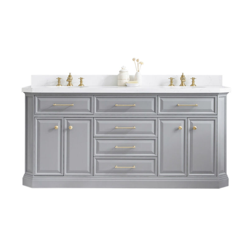Palace 72 In. Double Sink Carrara Quartz Countertop Bath Vanity in Cashmere Grey with Satin Gold Hardware
