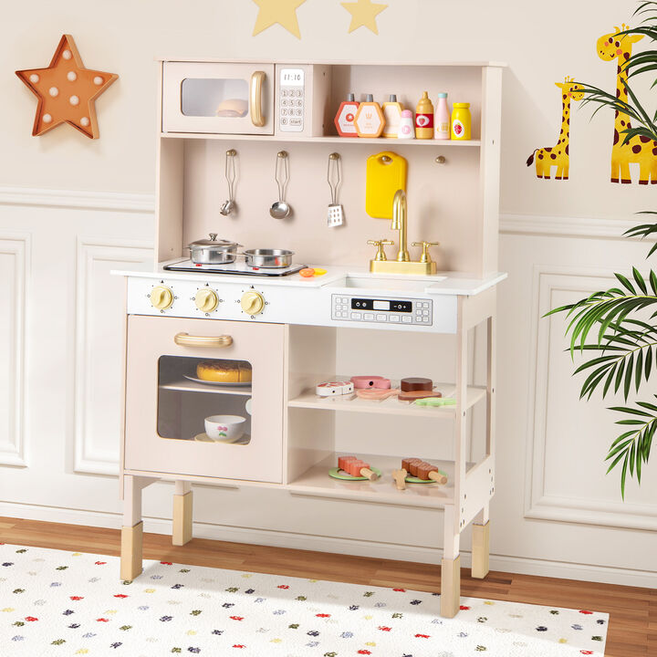Interactive Kids Play Kitchen with Adjustable Height, Realistic Lights, Sounds & Microwave
