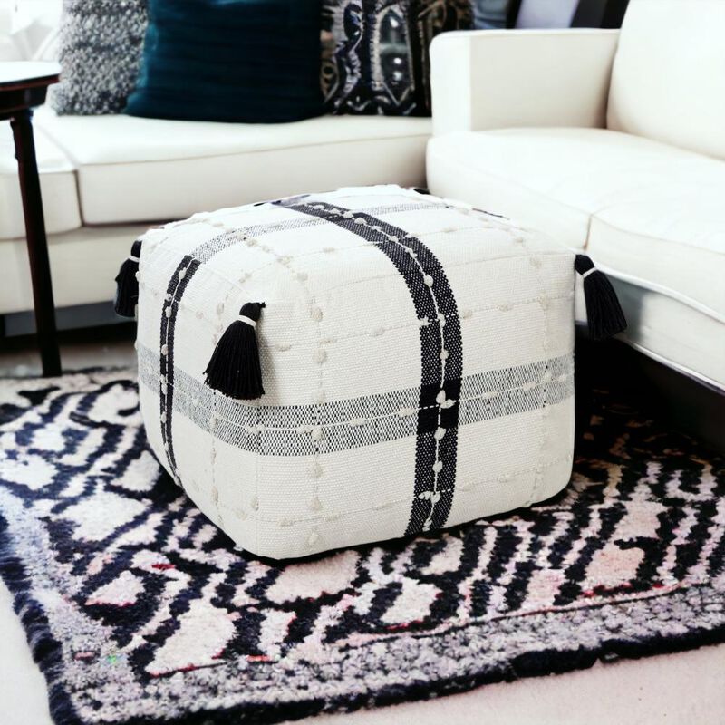 Hivvago 18 Inch Black Cotton Striped Pouf Ottoman