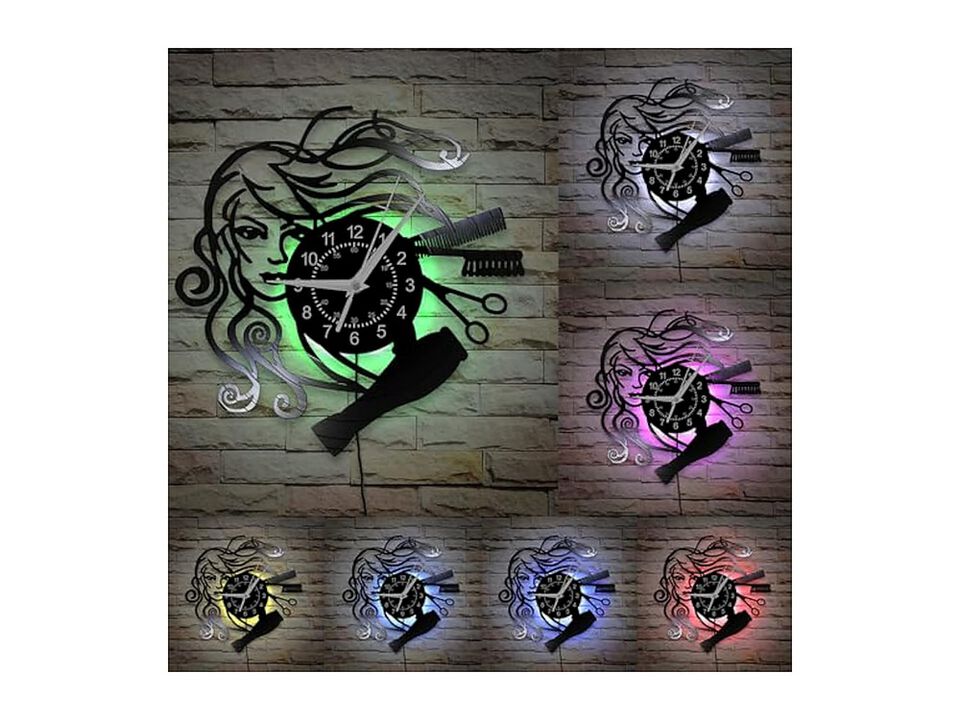 Hair Salon Kinds LED Color Hairstyle Wall Clock 12 Inch Silent Non Ticking Vinyl
