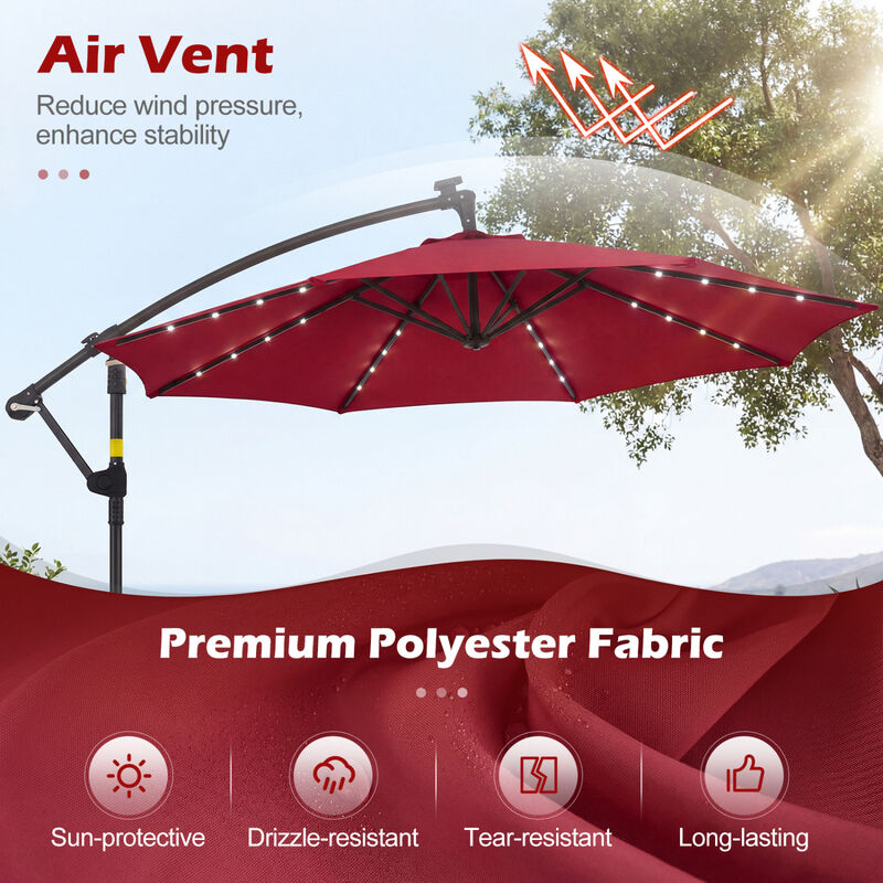 10 FT Solar LED Offset Cantilever Patio Umbrella Hanging Outdoor Market Umbrella image number 8