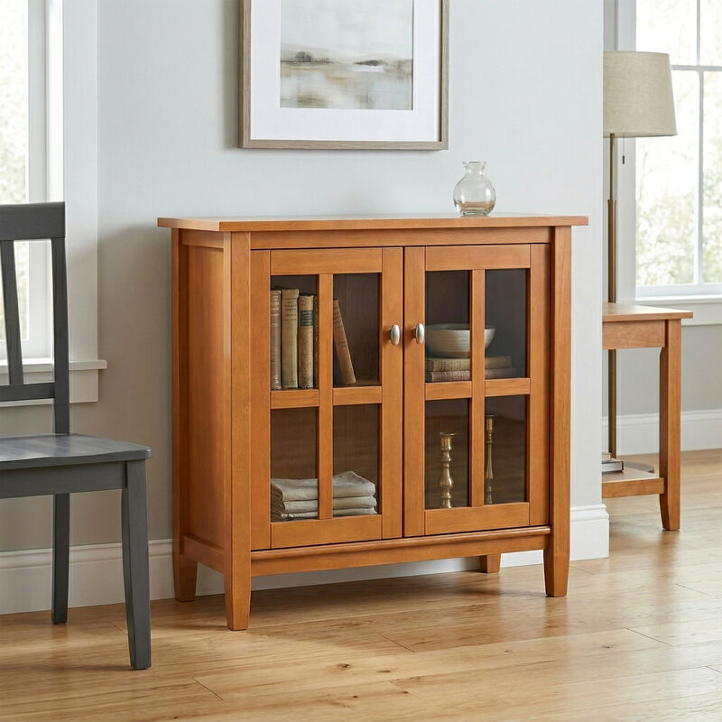 Warm Shaker SOLID WOOD 32 inch Wide Transitional Low Storage Cabinet in Light Golden Brown image number 1
