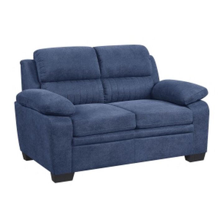 Hugh 58 Inch Loveseat, Blue Fabric, Pillow Armrests, Channel Tufted Back - Benzara