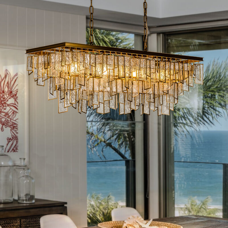 4-Light Vintage Antique Gold Rectangular Tiered Chandelier for Dining Room with Water Ripple Glass Shade image number 1