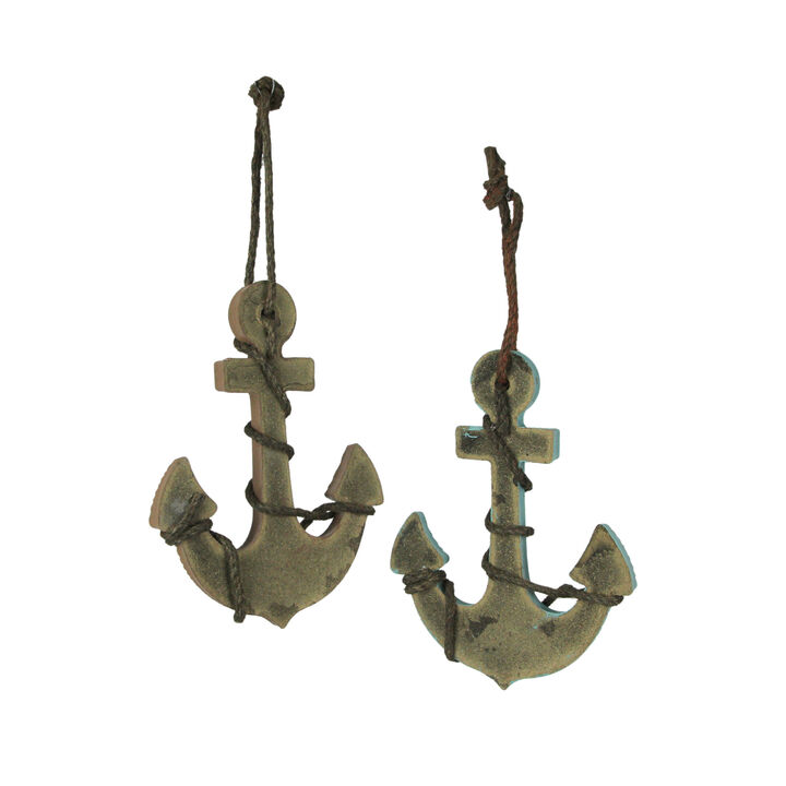 Set of 2 Wooden Ship Anchor Wall Hangings Blue and Brown 8.75 Inches High