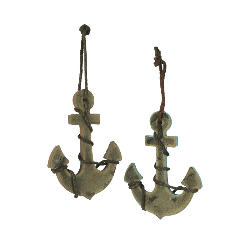 Set of 2 Wooden Ship Anchor Wall Hangings Blue and Brown 8.75 Inches High image number 1