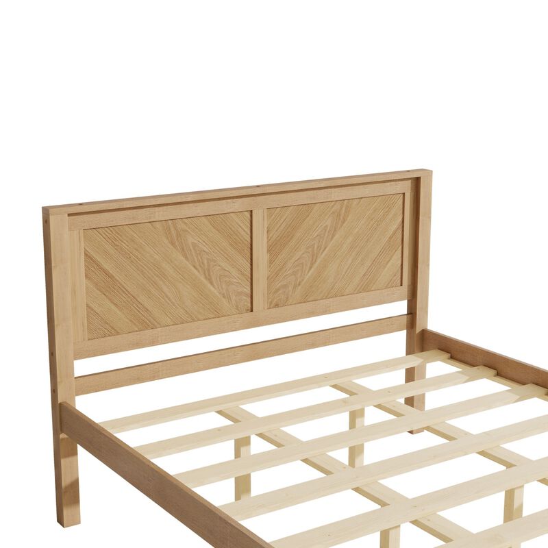 Queen Solid Wood Platform Bed with Herringbone Headboard, Natural Oak Finish, Farmhouse image number 2